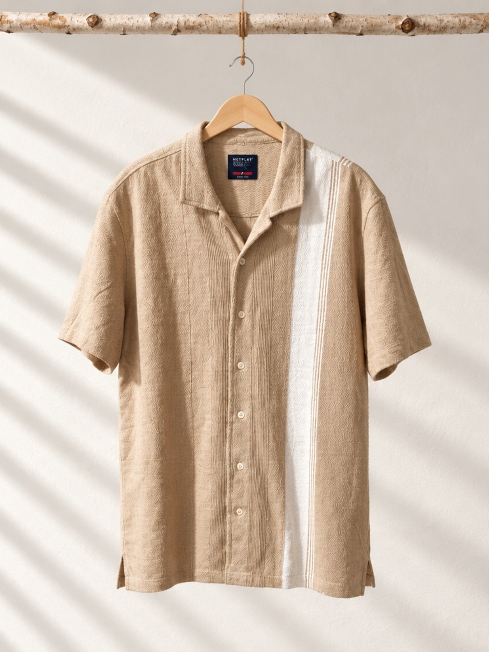 Modern Tan Short-Sleeve Button-Down Shirt with White Stripe